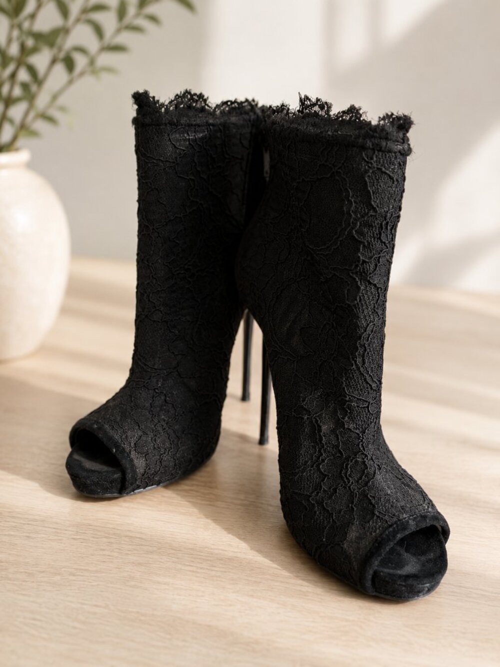 BEBE Black Lace Peep Toe Stiletto Ankle Booties Heels Sz 7
